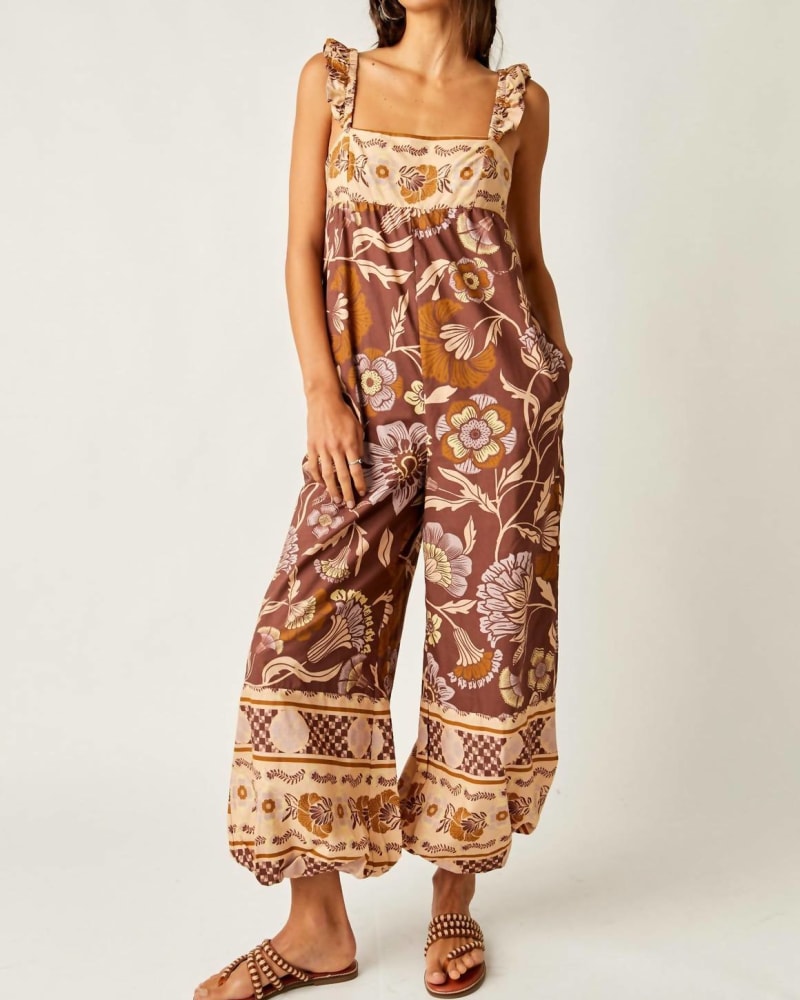 Front of a model wearing a size LARGE Bali Albright Jumpsuit In Coffee Combo in Coffee Combo by Free People. | dia_product_style_image_id:351651